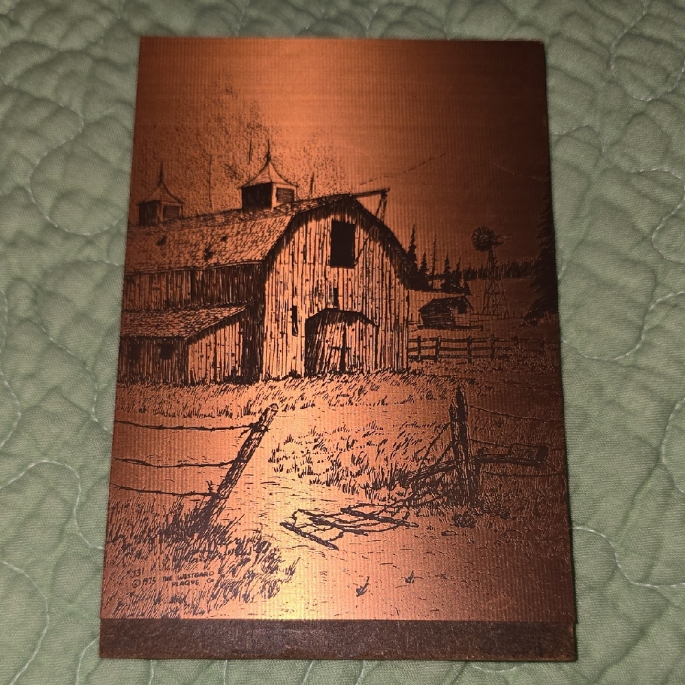 Vintage Copper Etching Of Barn Art by The Westgard Plaque Co Of Bozeman MT